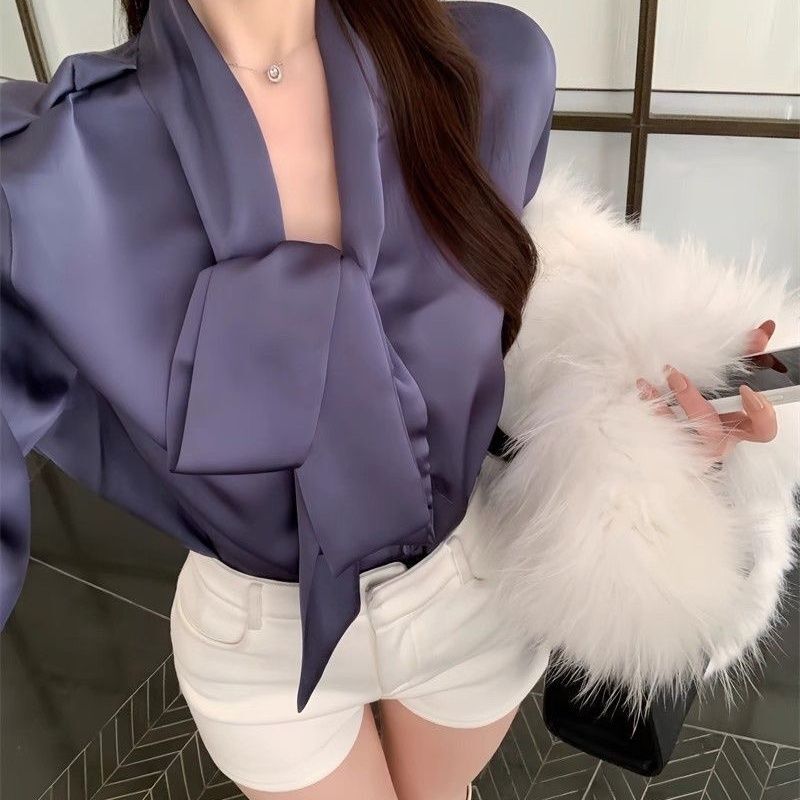 Fashionable Chanel-Style Women's Spring New French Commuter Solid Color Satin Blouse Top Carefully Selected