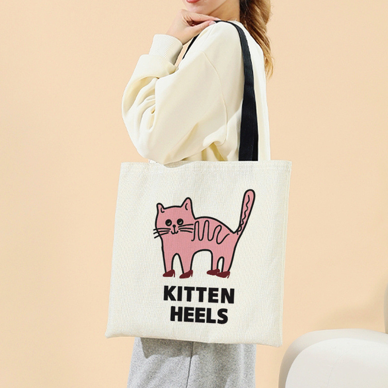 亚马逊跨境爆款精致猫咪女士印花防水亚麻购物袋帆布包手提袋批发