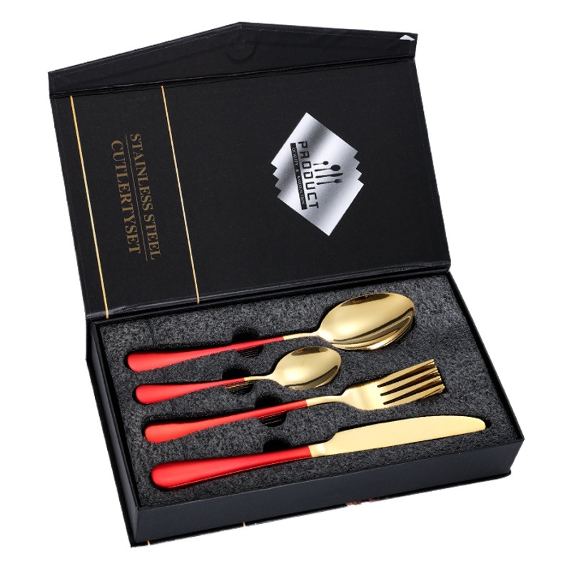 Traje de vajilla de acero inoxidable 1010 transfronterizo Juego de 24 piezas Hotel Comida occidental Cuchillo de carne de oro negro Cuchara tenedor Cuchara de té Caja de regalo