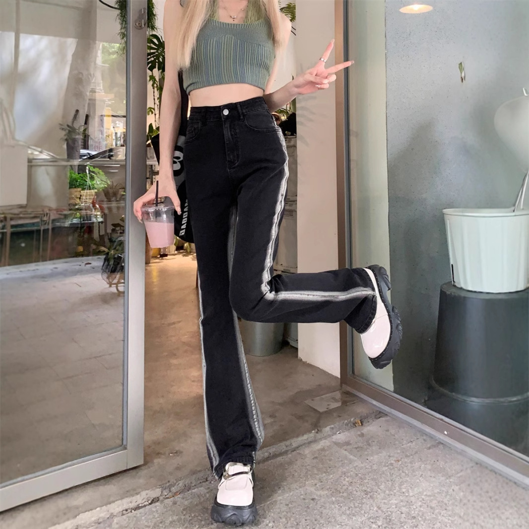 검은 회색 그라디언트 슬림 핏 마이크로 플레어 진 여성용 봄과 가을 스트레치 하이 웨이스트 슬림 핏 슬림 핏 말굽 바지