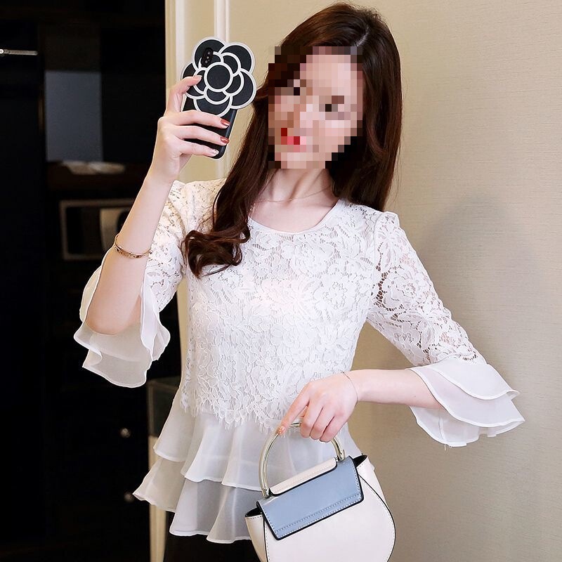 Lace Chiffon Three-Quarter Sleeve Women's Spring and Autumn New Style Ruffled Trumpet Belly-Covering Fashionable Tops for Women