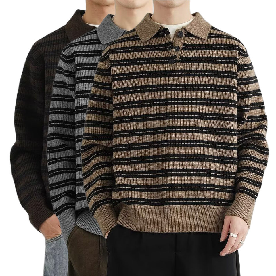 Explosiones transfronterizas de tamaño grande europeo polo camiseta con solapa camiseta de punto suéter hombre rayas viejo viento de otoño y invierno fábrica al por mayor