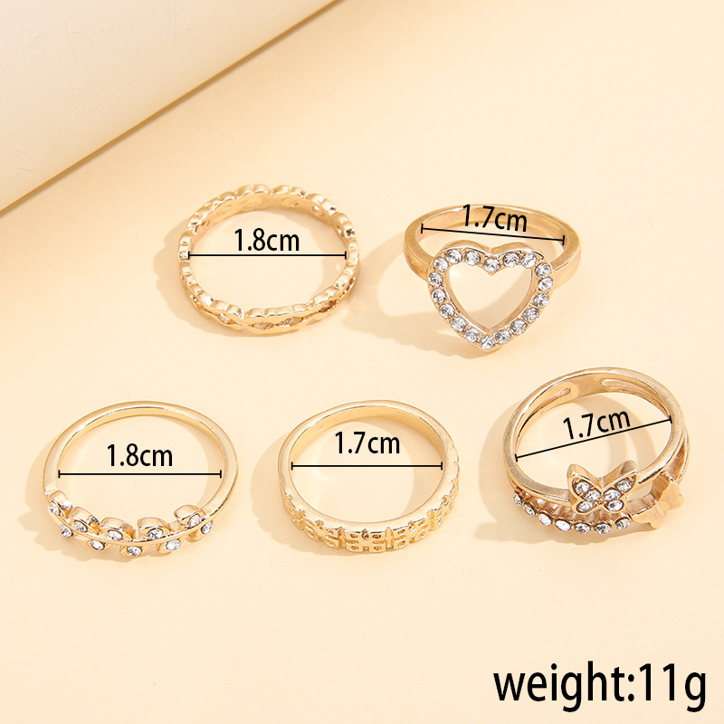 1 Set Retro Heart Shape Butterfly Alloy Plating Metal Rhinestones Women's Rings display picture 13