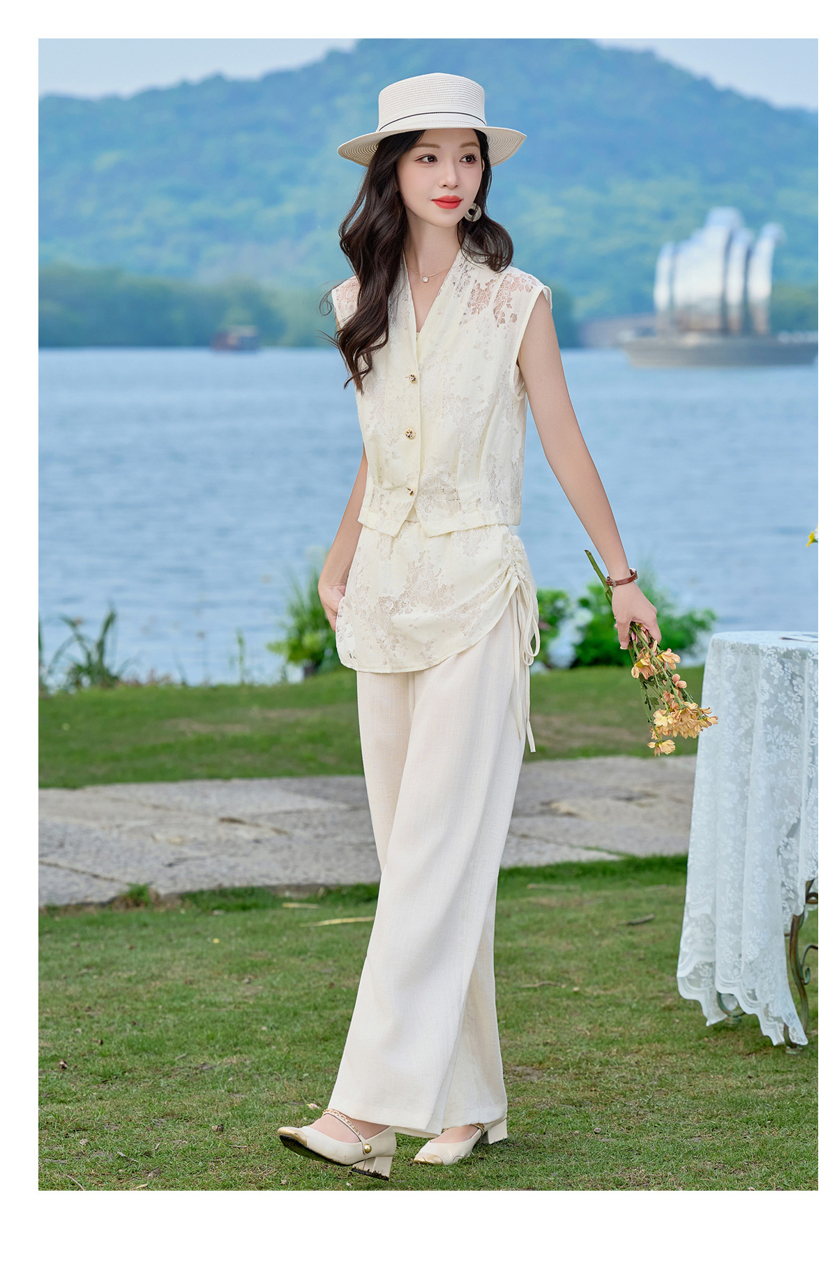 Bộ vest nữ không tay kết hợp quần ống rộng phối ren YQ9913 — màu đen, màu trắng ngà chi tiết 15