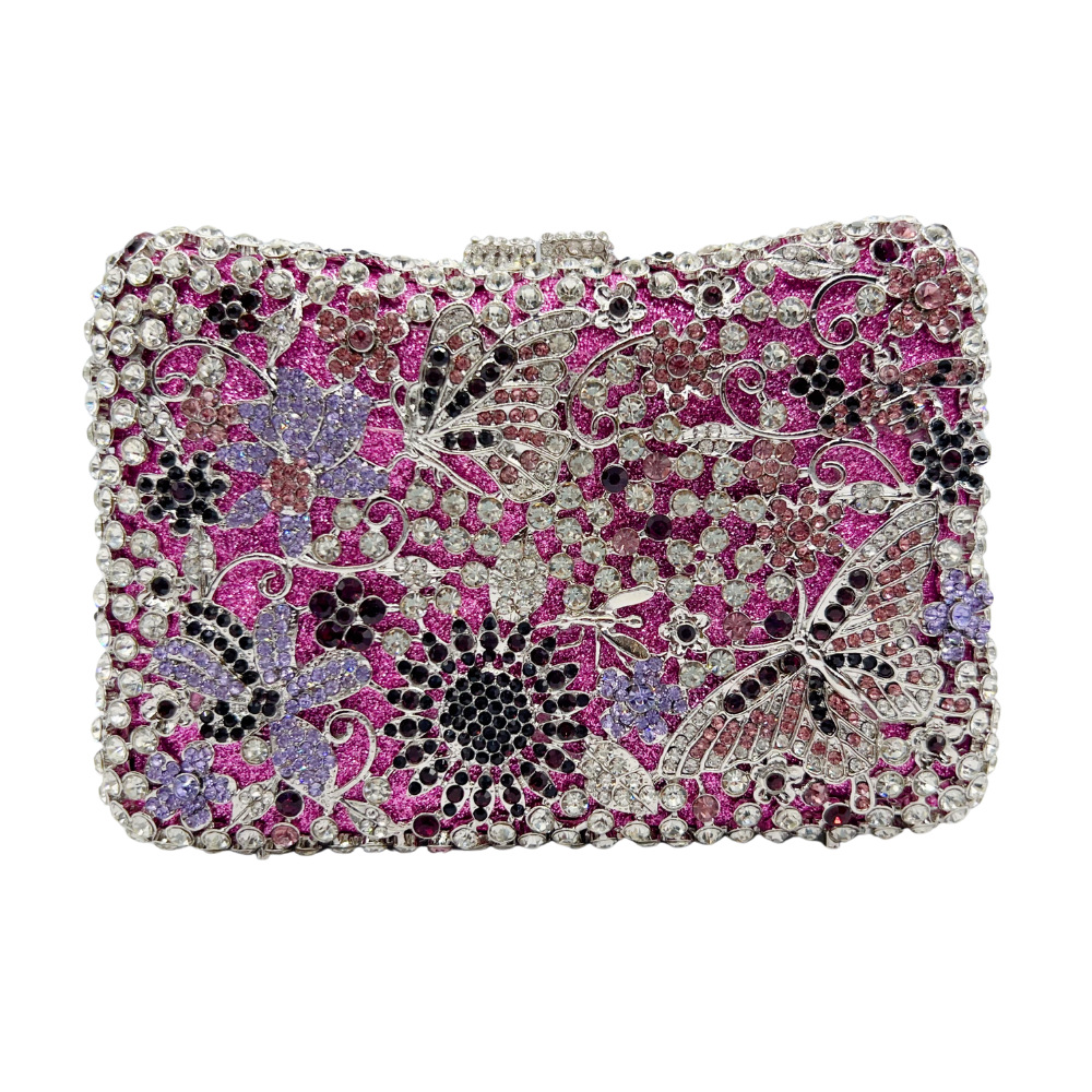 Túi clutch dạ hội đính đá kim cương hoa khoét lỗ, túi xách tay Crystal Clutch — Màu tím, Màu vàng kim, Màu bạc, Màu đen