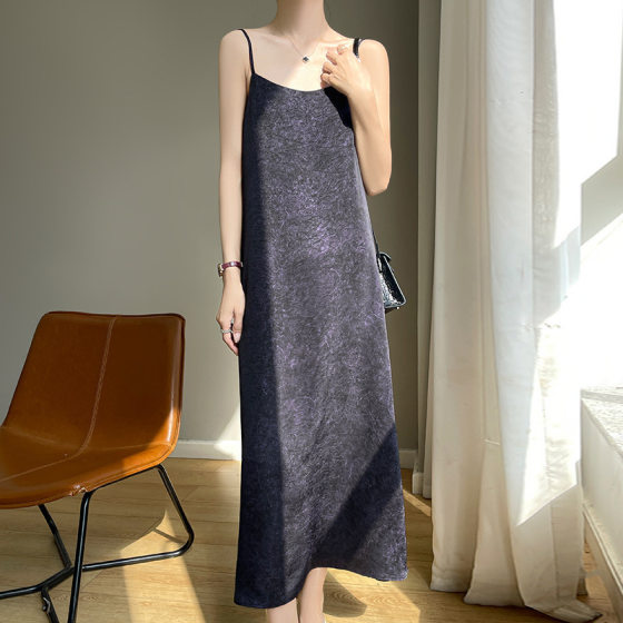 New Chinese Style Jacquard Acetic Acid Satin Dape Loose Summer Long Dress Adjustable Collar Sling dress Women