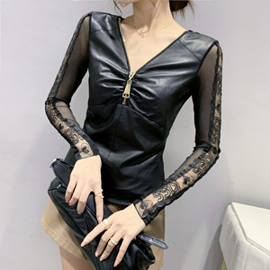 Mesh patchwork leather sleeves patchwork lace long sleeved undershirt for women