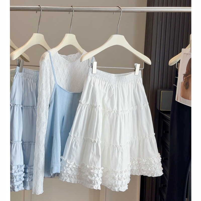 Sweet Multi-Layered Ruffle Cake Skirt for Women, New Summer Style, White High-Waisted Versatile A-Line Midi Skirt for Petite Figures