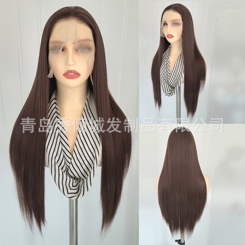 Cross-Border Black Brown J Wig Free Straight Hair Full Headgear Elastic Hand Hook Front Lace Matte High Temperature Silk Wig Cross-Border Black Brown J Wig Free Straight Hair Full Headgear Elastic Hand Hook Front Lace Matte High Temperature Silk Wig