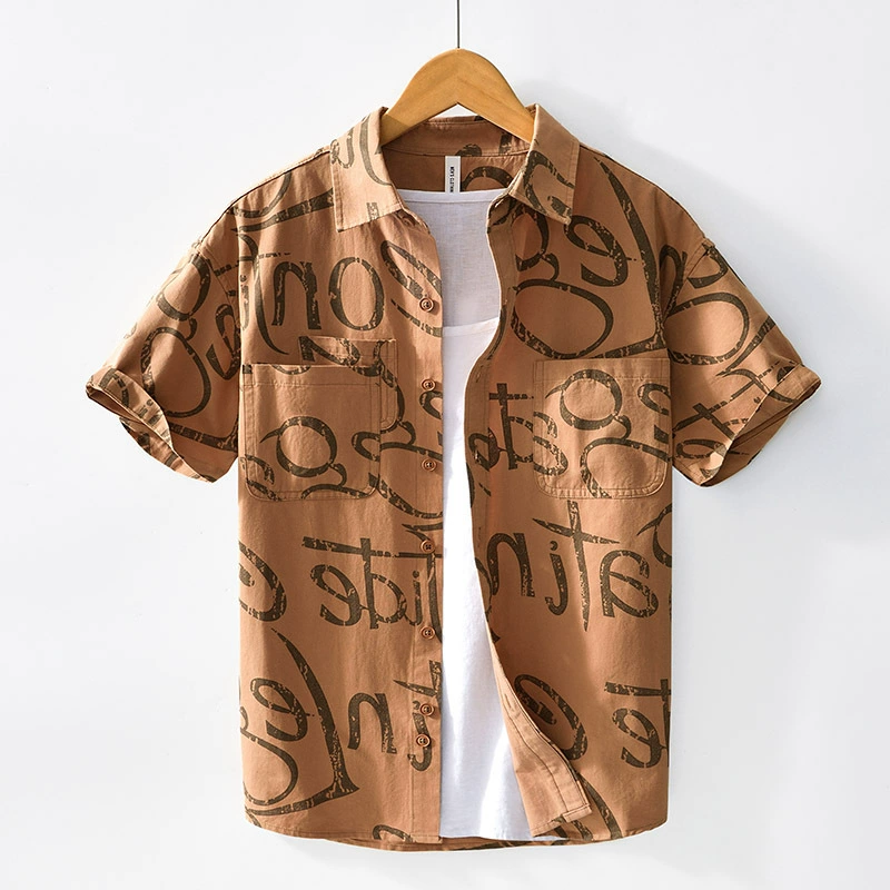 2197 рубашка из чистого хлопка с английским принтом, короткий рукав, повседневная, в стиле литературного кэжуал, свободного кроя, с двумя накладными карманами, доставка дропшипингом