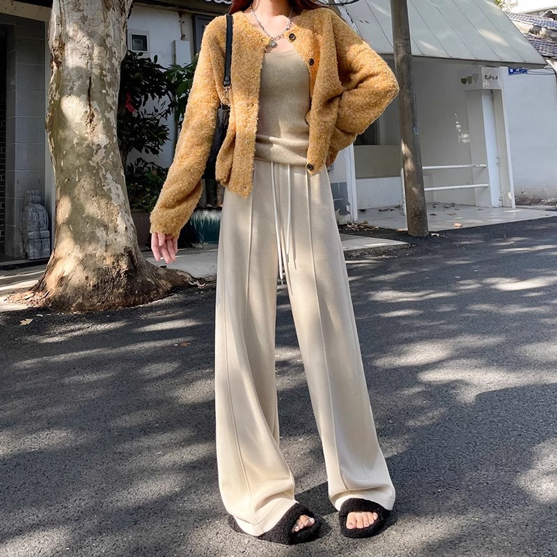 Pantalones de lana para mujeres otoño y invierno 2024 pantalones de cintura alta con estripes casuales, pantalones rectos de forma estrecha, pantalones de piernas anchas, trajes universales