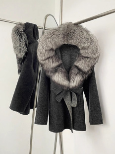 Women's autumn and winter new high-end wool coat fur woolen coat oversized fox fur collar hooded double-sided woolen
