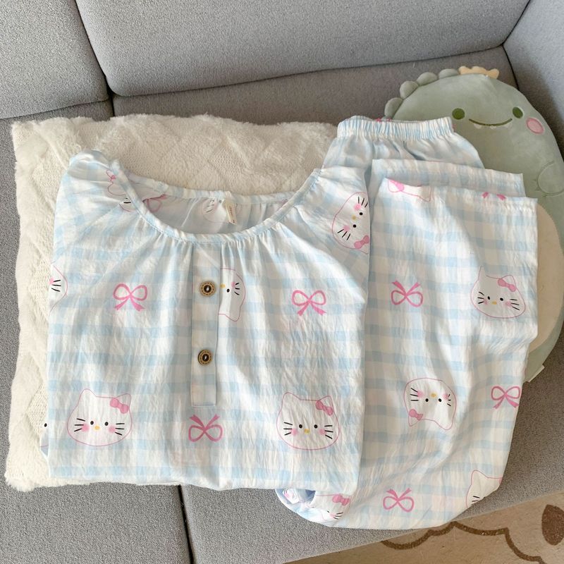 卡通睡衣女款春秋季长袖长裤云朵棉KT猫圆领甜美可爱家居服套装|undefined