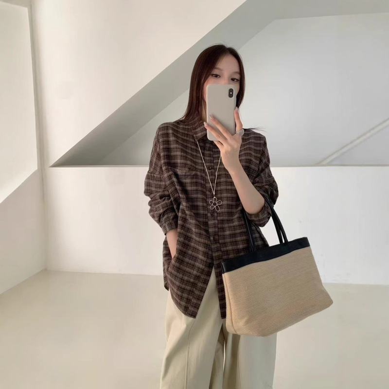 2025秋女装新款韩版宽松大版显瘦百搭长袖格子衬衫女8112|undefined