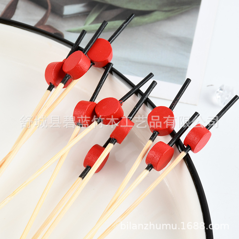 Perlas rojas de bambú etiqueta de cóctel etiqueta de fruta etiqueta de té de leche desechable horquilla de fruta de madera al por mayor