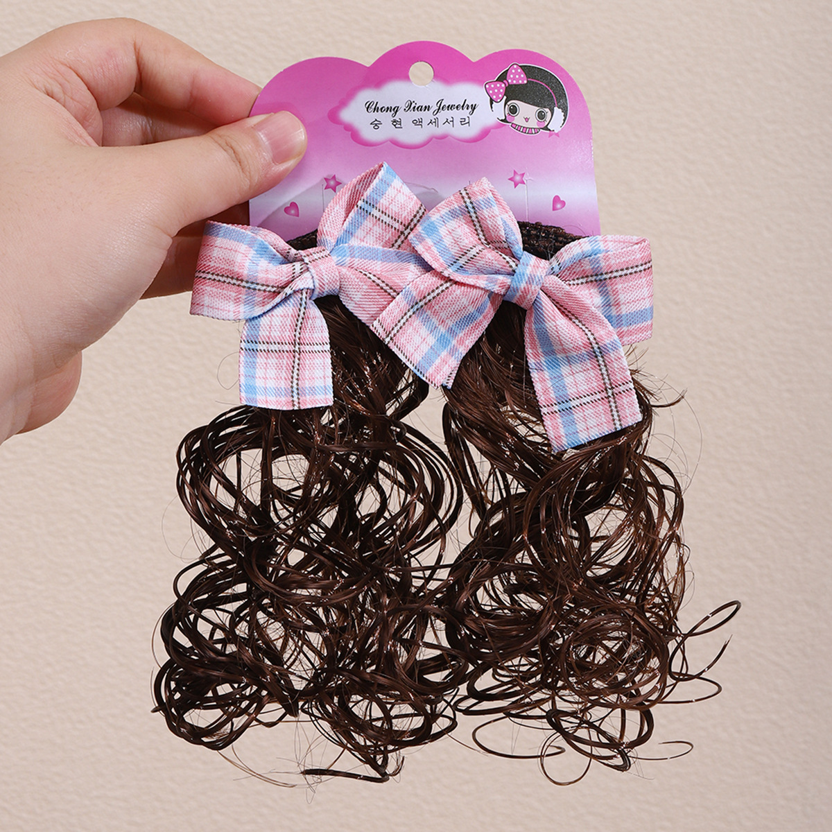 Niños pelucas de cabello trenzas de arco de cuadrícula coreana bola cabeza de cabello de cabello de niñas un par de paquetes