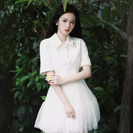 周也明星同款白色短袖连衣裙女2024夏季新款设计感小众网纱蓬蓬裙