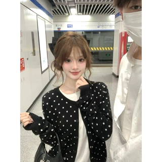 春秋穿搭小香风波点撞色针织开衫女春秋季小个子减龄纽扣上衣外套