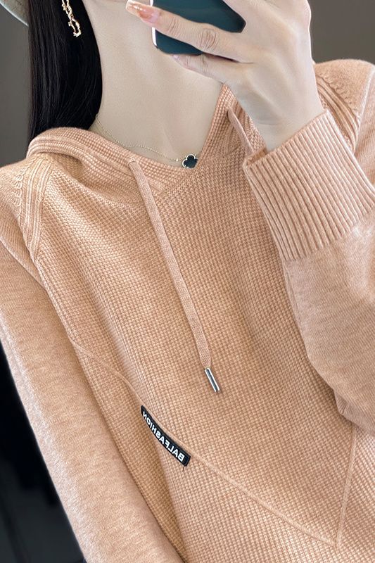 New Mulberry Silk Bottoming Shirt for Women, New Spring and Autumn Style Loose Hooded Sweatshirt Knitted Plus Size Top