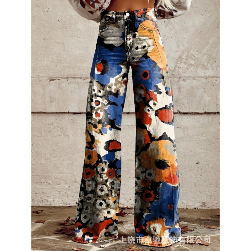独立したサイト Xiyin Shopee 2024 新しい 3D 熱転写フレアパンツ模擬デニムパンツルーズパンツ|undefined
