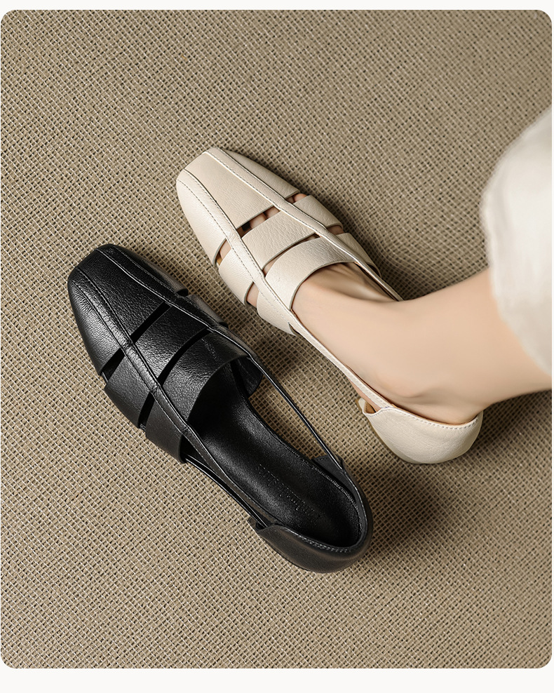 Dép sandal nữ bao đầu rỗng gót thấp 3 cm, mũi tròn kiểu dệt, phong cách đơn giản đi làm — đen chi tiết 4