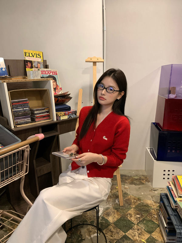 趋梦DT ETOLIE小狗刺绣拼边长袖针织开衫外套女高级感v领毛衣开衫|undefined