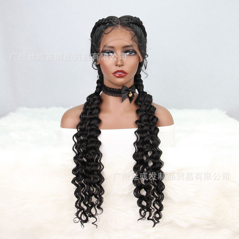 Cross Border Front Lace Wig Braid Double Ponytail Curls Mixed Color Japanese Silk Braid lace wig