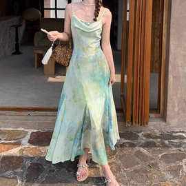 薄荷冰萃渐变吊带连衣裙女夏法式荡领收腰晕染鱼尾裙海边度假长裙