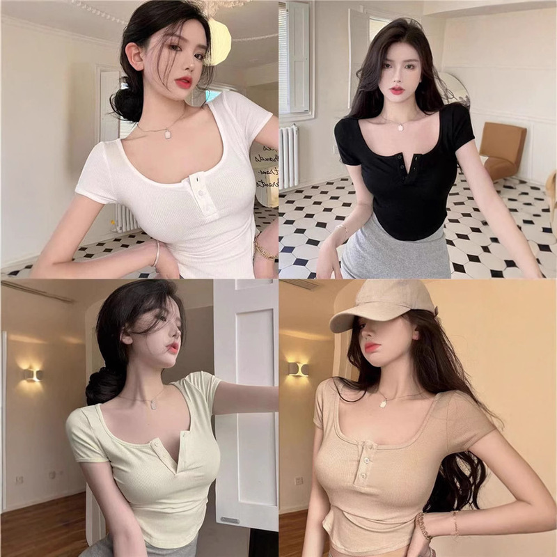 Irregular T-shirt Women's Fashion 2025 Summer New Pure Spice Girl U-collar Leaky Collarbone Tight Sexy Short-sleeved Top