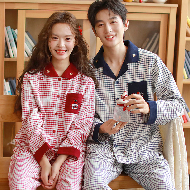 Autumn and Winter Pajamas for Couples, Cute Cartoon Cotton Brushed Men's and Women's High-End Embroidered Casual Long-Sleeved Suits