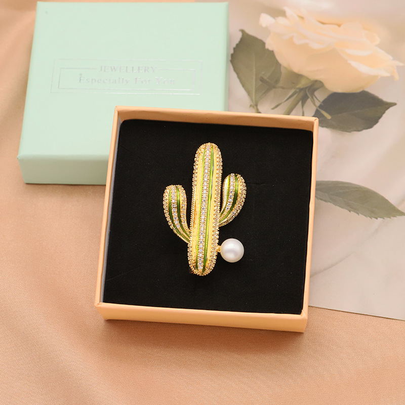 Natural de agua dulce perla broche personalidad femenina accesorios ropa temperamento cactus ramillete joyería 18K oro real galvanoplastia image 6