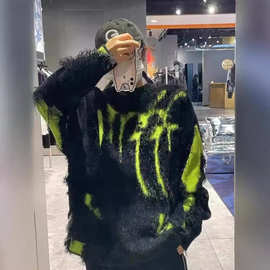 美式街头oversize风潮牌拼接宽松不规则男春秋冬季潮流针织毛衣上