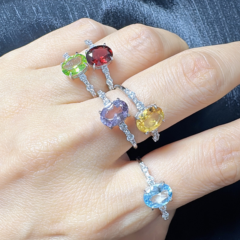 Bagues en argent massif S925 serties de pierres précieuses naturelles (améthyste, citrine, topaze, grenat, péridot) pour femmes (vente en gros)_voghion.com