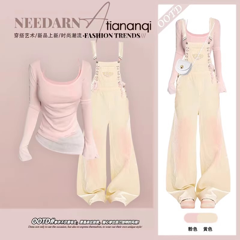 Dopamine Design Style Women's 2026 New Summer Sweet U-Neck Faux Two-Piece Top Gradient Denim Overalls for Women