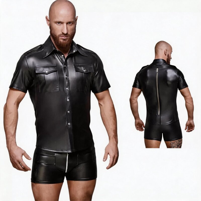 2025 Cross-border Men's Coated Leather Short Sleeve Shirt Street Style Button Collar Motorcycle Top Daily Clubwear 2025 Cross-border Men's Coated Leather Short Sleeve Shirt Street Style Button Collar Motorcycle Top Daily Clubwear