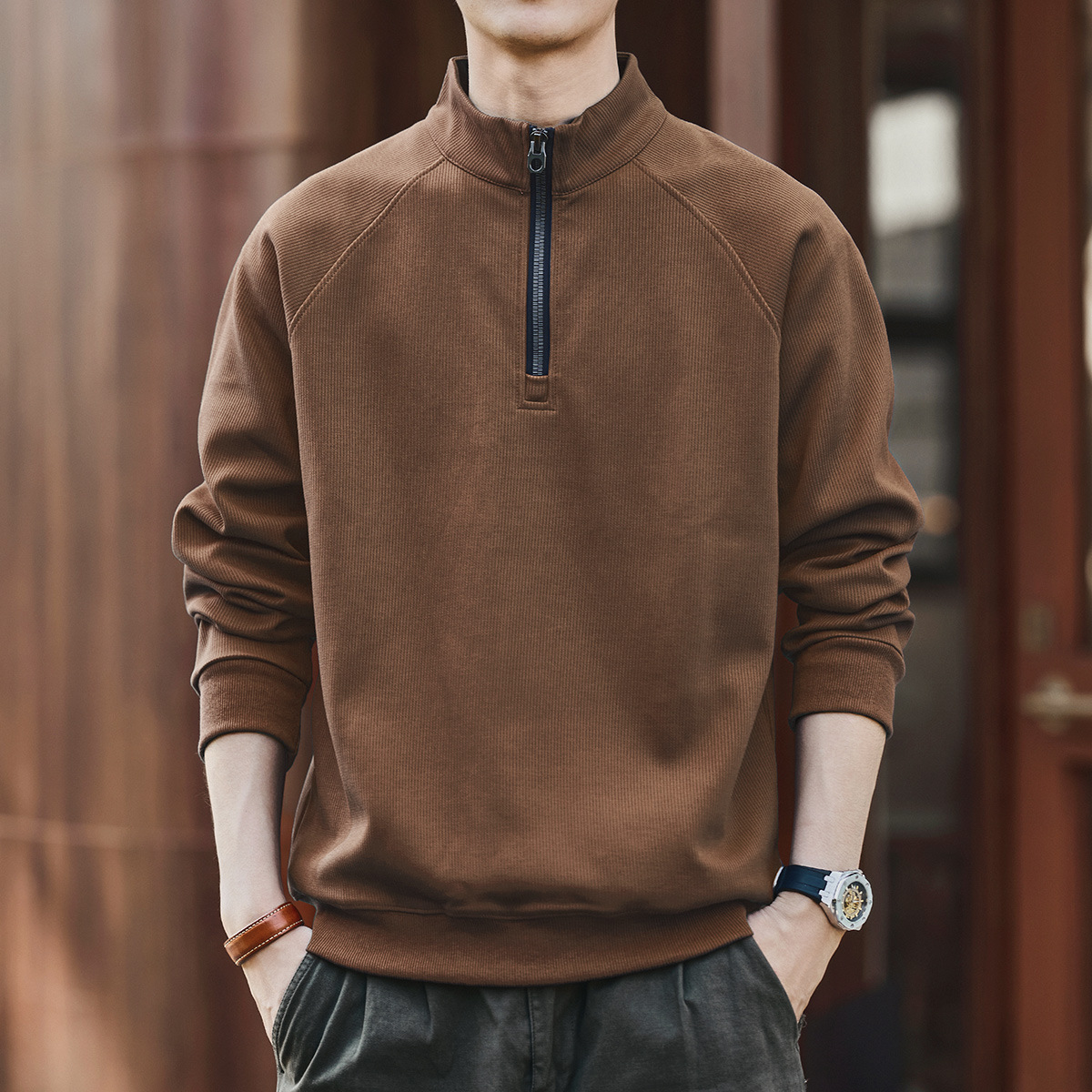 2025 American Retro Semi-zipper Stand-up Neck Sweater Men's Autumn And Winter Loose Casual New Sports Jacket_viptrois.com