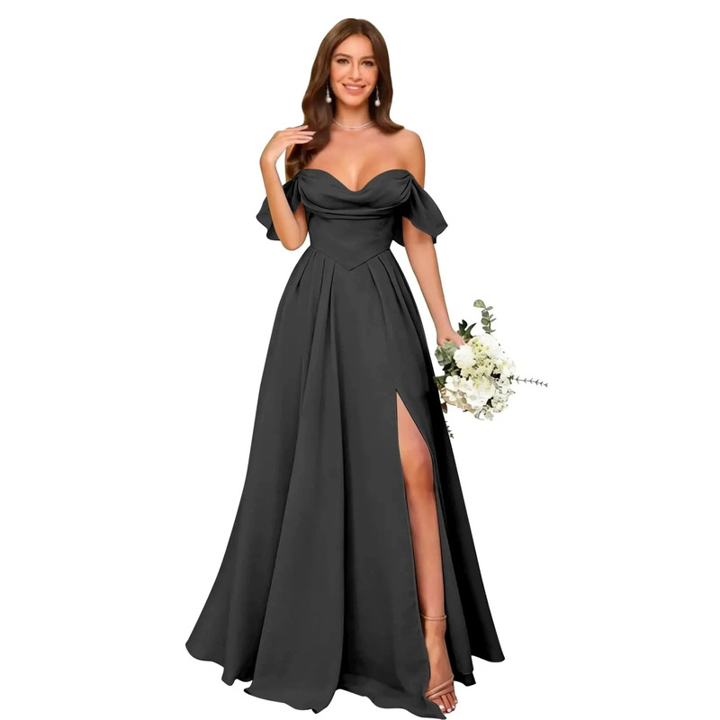 Black One-Shoulder Satin Evening Gown with a Feminine and High-End Feel, Suitable for Banquets and Annual Meetings, Featuring a Long Slit Black One-Shoulder Satin Evening Gown with a Feminine and High-End Feel, Suitable for Banquets and Annual Meetings, Featuring a Long Slit
