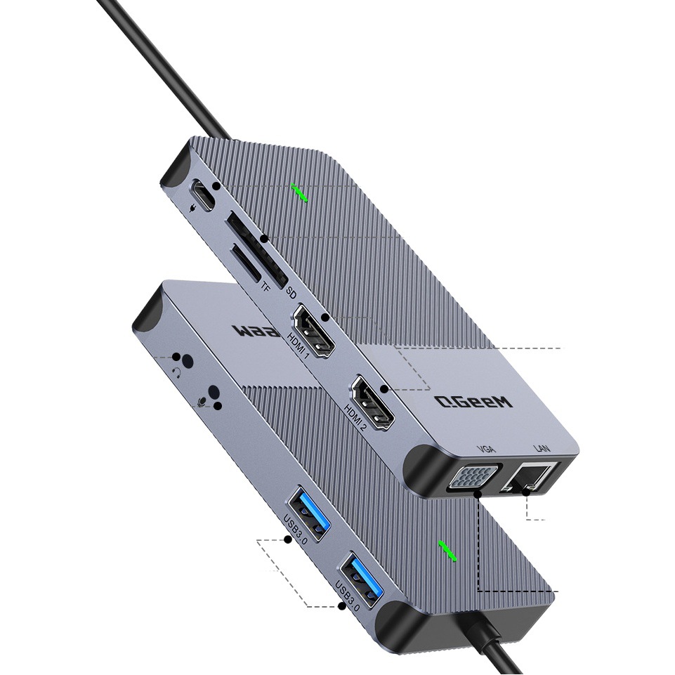 Concentrador USB DL3900 de pantalla triple DisplayLink QGeeM 11-en-1 Tipo-C estación de acoplamiento