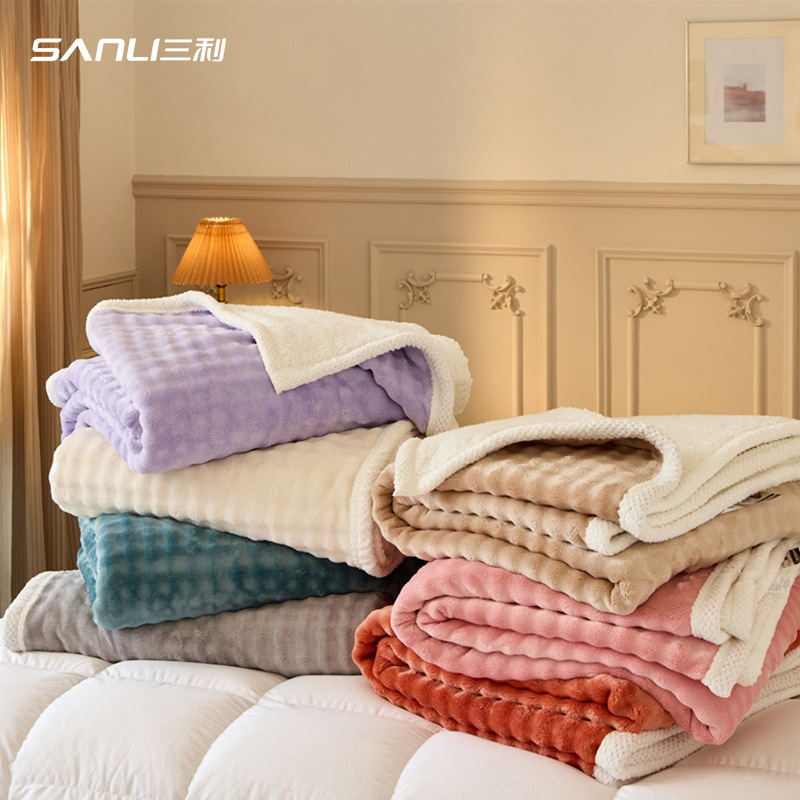 Three Benefits Towel Bubble Milk Fleece Blanket Autumn/Winter Nap Blanket Air Conditioner Blanket Cover Blanket Coral Fleece Double Layer Composite Fleece