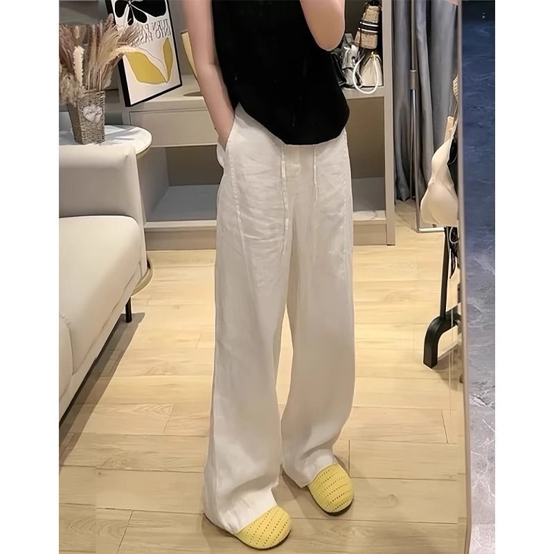 White Linen Wide-Leg Pants for Women Summer Thin 2025 New Casual Loose Draped Straight Ice Silk Imitation Cotton and Linen Pants