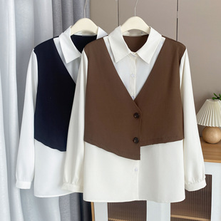 Fat Girl spring and autumn fashion plus size shirt Korean style fake two-piece top long sleeve elegant shirt for women 2344