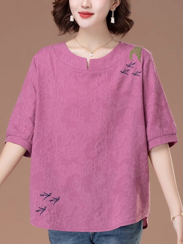 中高年ママの純綿Tシャツレディース半袖大きいサイズゆったりおしゃれ年齢軽減綿夏継ぎ刺繍トップス|undefined