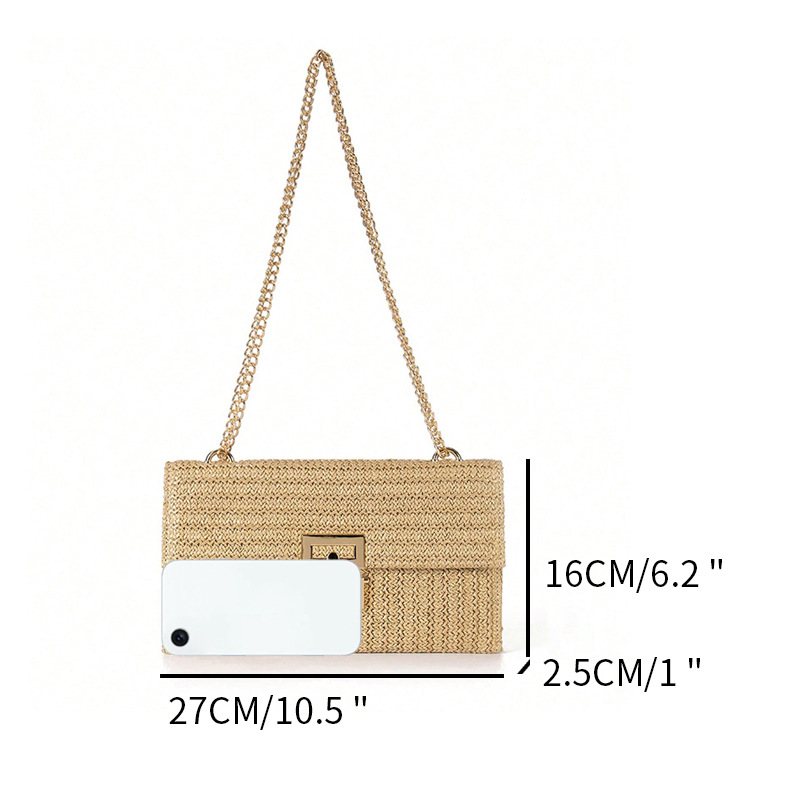 2025 New Vacation Style Multi-Compartment Chain Flap Twist Lock Straw Woven Shoulder Cross-Border Women's Bag_voghion.com