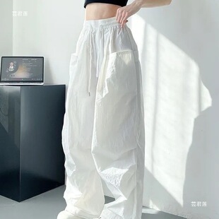 American Retro Summer Thin White Paratrooper Pants for Women High Waist Summer Loose Drawstring Sports Casual Overalls