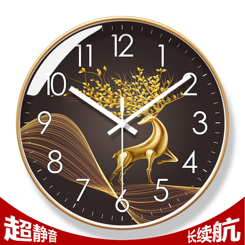6082挂钟客厅钟表挂墙麋鹿家用时钟挂表现代静音扫秒长续航石英钟