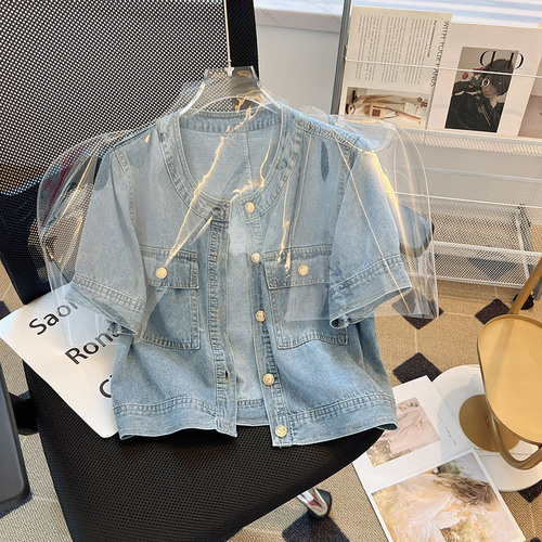 Women's Summer New Thin Round Neck Cowboy Style Denim Short Sleeve Jacket, Retro Overshirt, Short-Sleeve Top, Korean Style