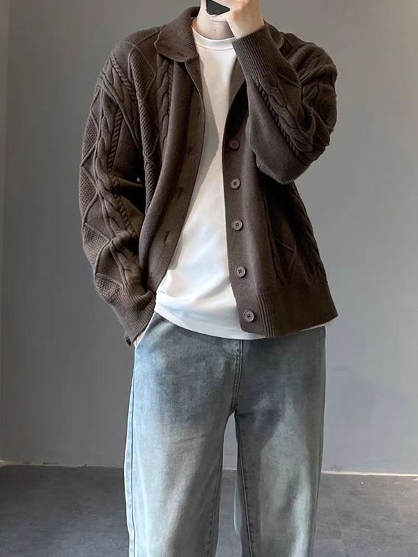 翻领针织衫外套男士春秋款潮流休闲百搭开衫毛衣时尚青年男装上衣|undefined