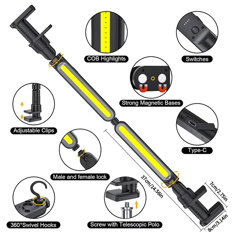 2-in-1 Magnetic Auto Repair Work Light, COB Rechargeable Long Strip Inspection Light, Hanging Hood Repair Light