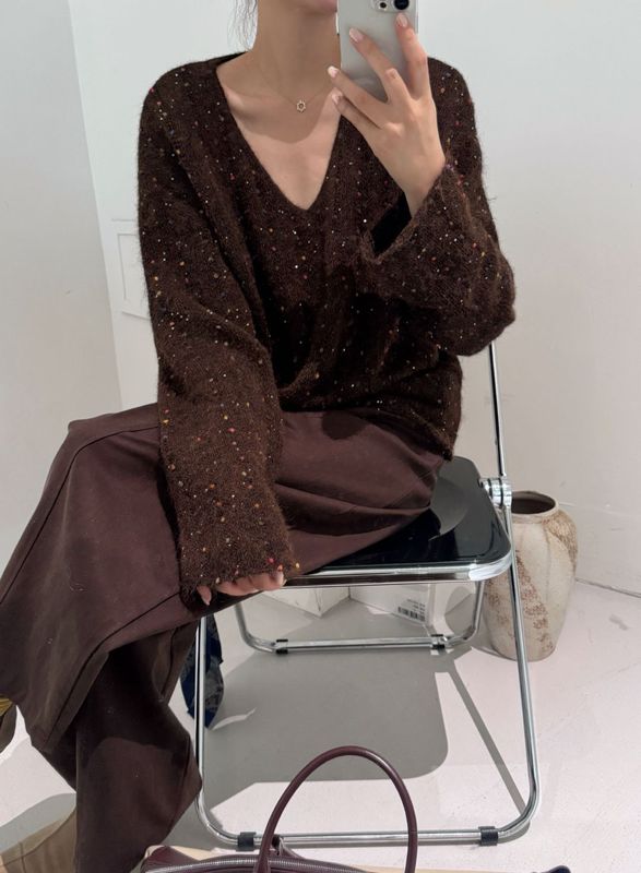 高级G混色彩纱洋气显瘦V领毛衣女秋冬季新款复古美拉德针织衫上衣|undefined