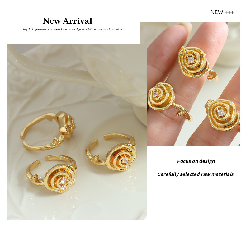 French Style Flower Copper Open Ring Zircon Copper Rings